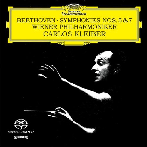 CD cover: Carlos Kleiber conducting, yellow banner with Beethoven symphonies title.