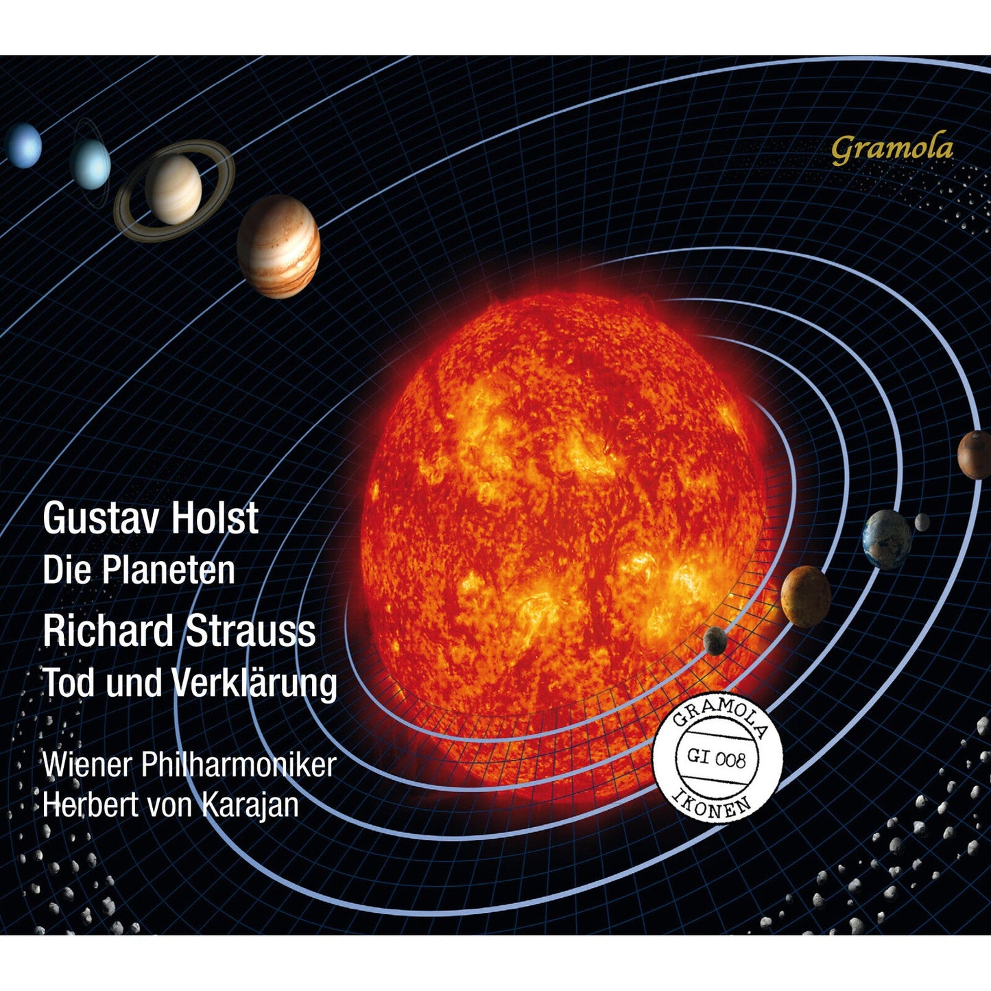 CD cover with planets and a fiery sun, featuring composers Holst and Strauss.