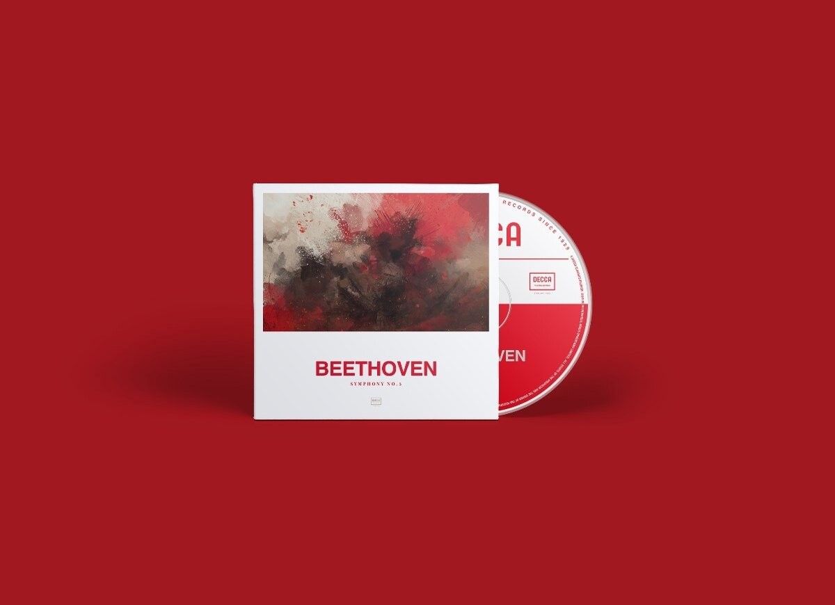 Beethoven's Symphony No. 5 CD case and disc on a red background.
