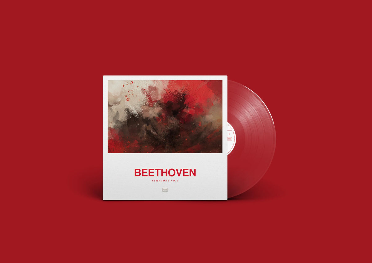 Red vinyl record with abstract white and red album cover, text "Beethoven".