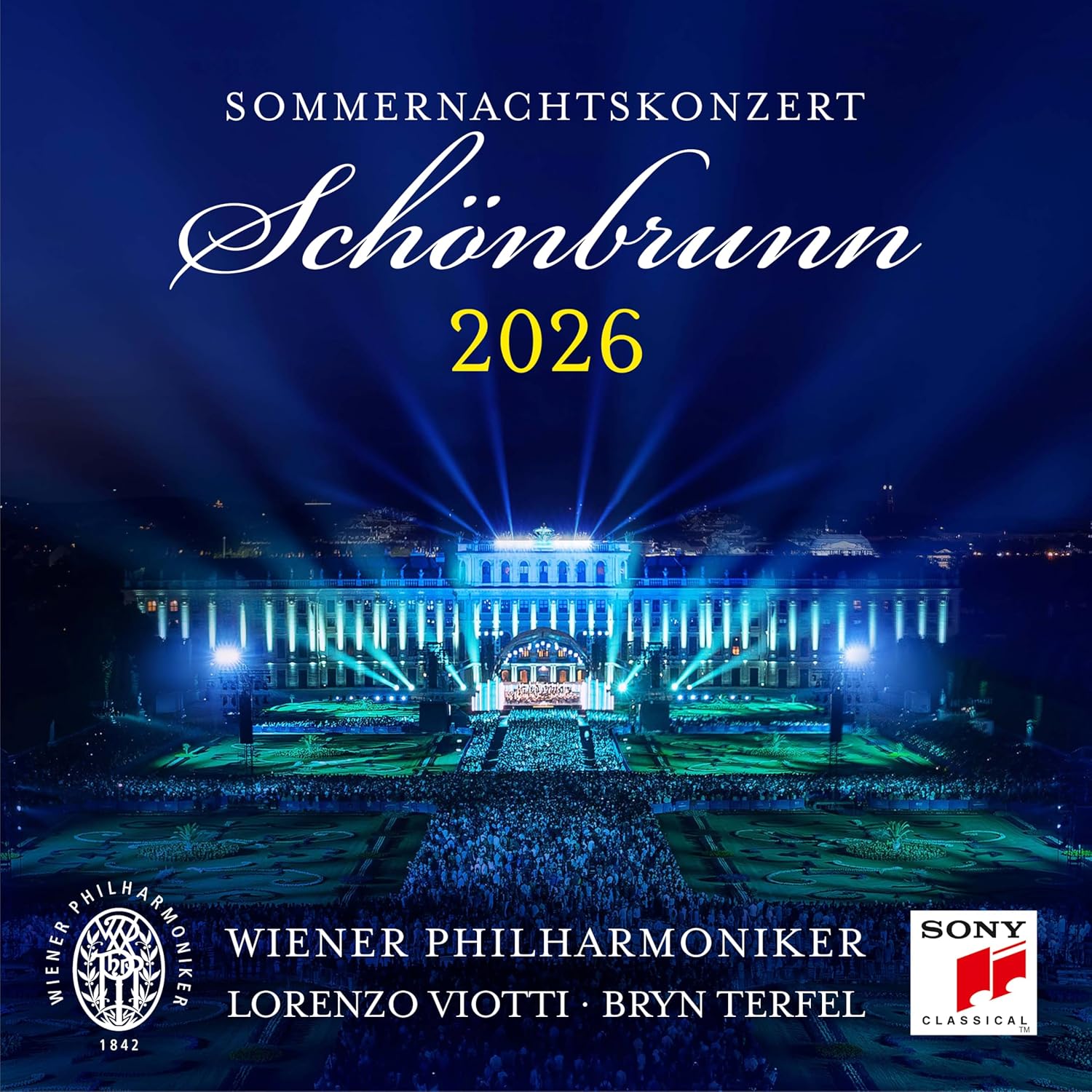 Schönbrunn Palace illuminated at night for the 2026 Wiener Philharmoniker concert.