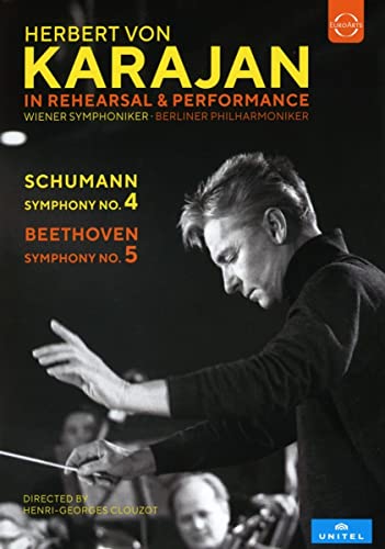 Herbert von Karajan conducting, DVD cover featuring Schumann and Beethoven symphonies.