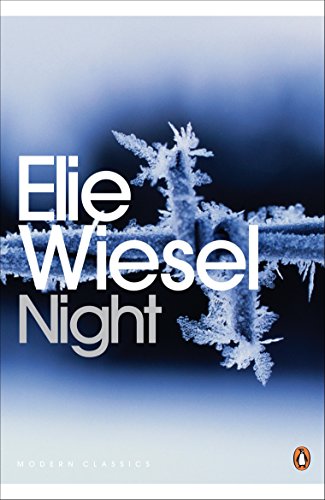 "Book cover of 'Night' by Elie Wiesel, featuring a frosty barbed wire against a dark background."