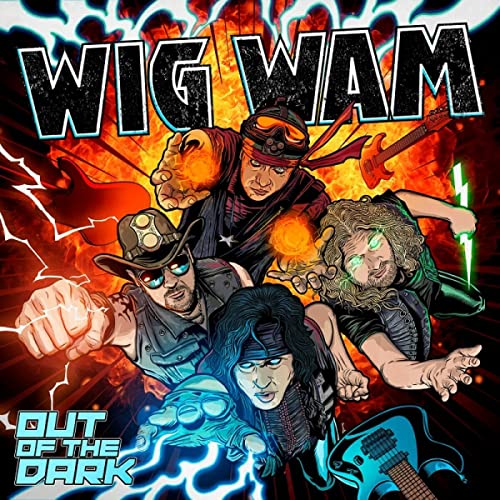 Cartoon image of four musicians with guitars and fiery effects.