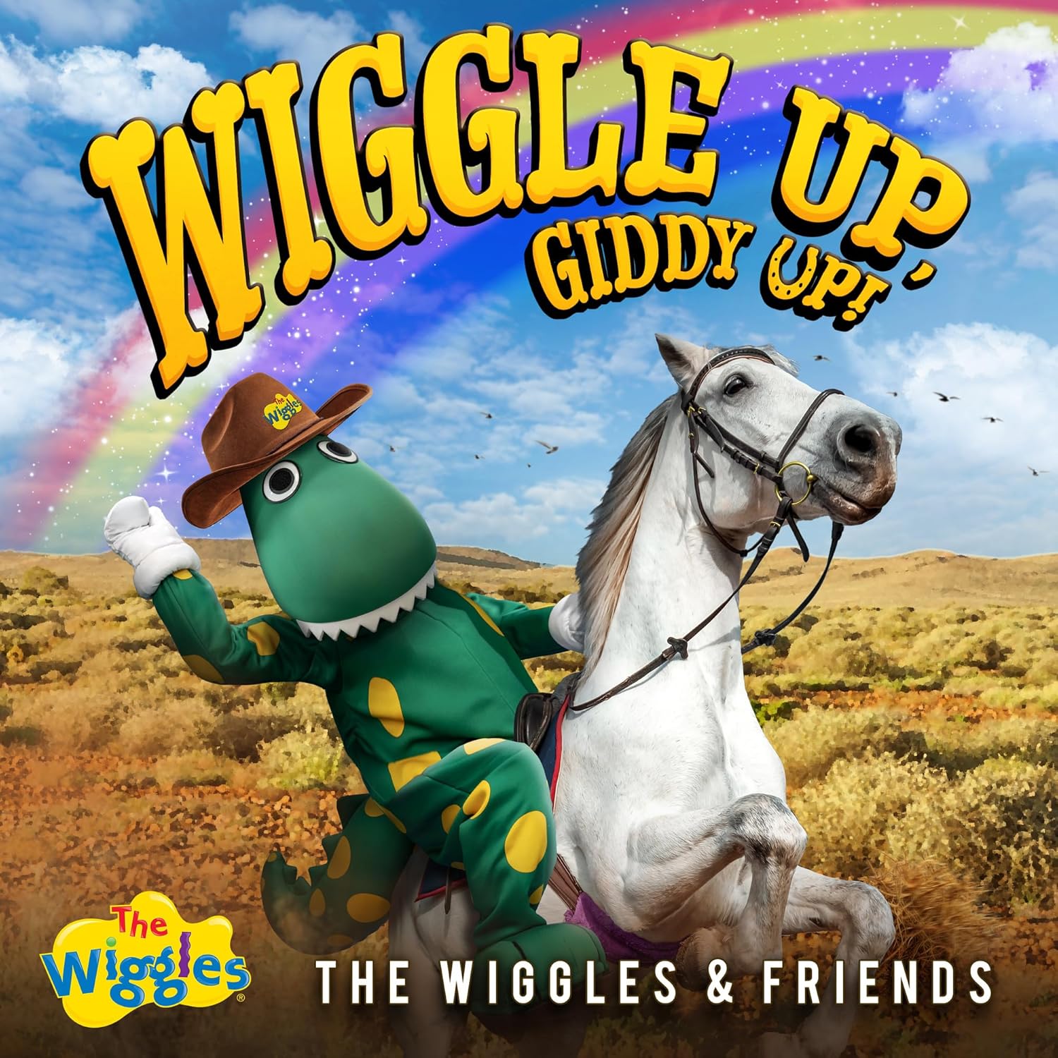 CD cover featuring a dinosaur riding a horse in a field.
