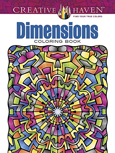 Cover of "Dimensions" coloring book with a colorful, abstract mandala design.