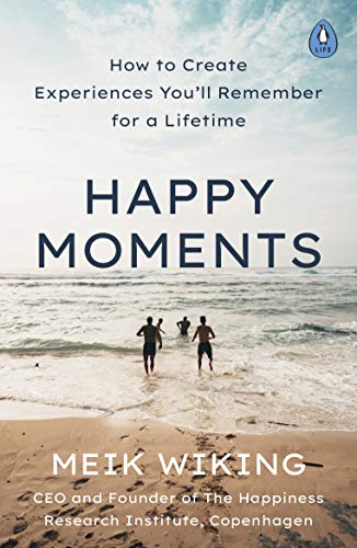 Book cover with beach scene, title “Happy Moments” and author Meik Wiking.