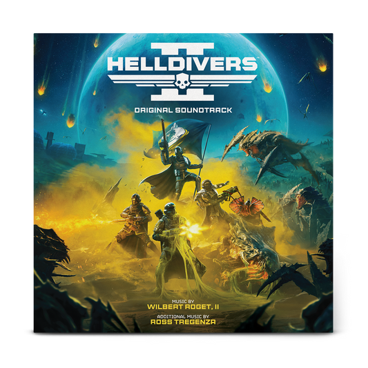Helldivers 2 original soundtrack vinyl cover with sci-fi battle scene.