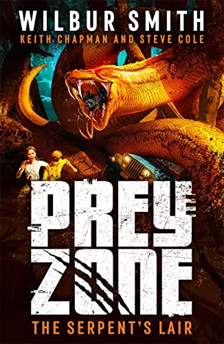 A giant snake looms over two running children in a dark, forested jungle setting.