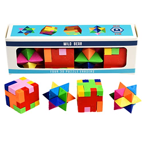 Colorful, geometric bear-shaped puzzle erasers in a cardboard box.