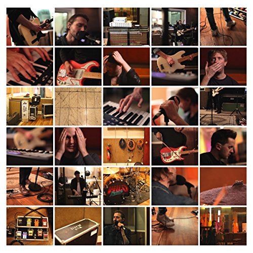 Collage of musicians playing instruments in a recording studio.