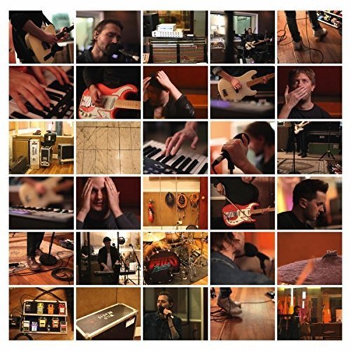 A collage of 25 photos showing a musician recording and performing music.