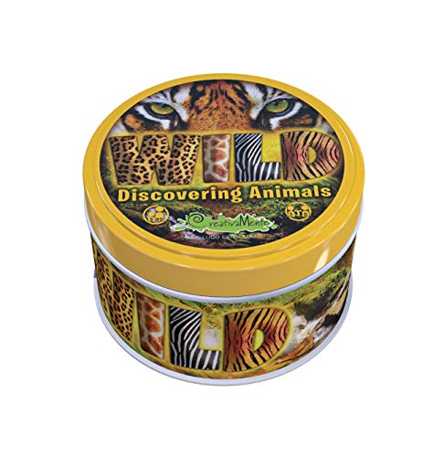 Yellow tin of "Wild Discovering Animals" card game with animal prints.