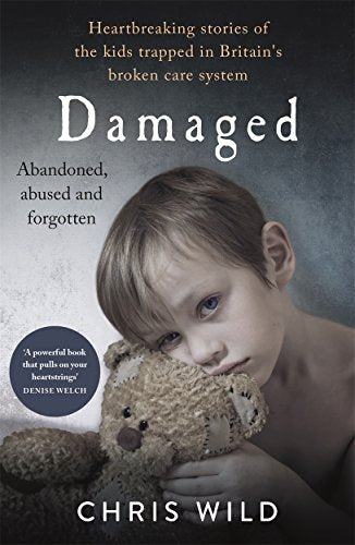 Book cover featuring a young child holding a teddy bear, with title "Damaged" and author's name.