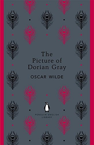 Gray book cover with feather pattern, pink stripes, and Penguin logo, featuring "The Picture of Dorian Gray".