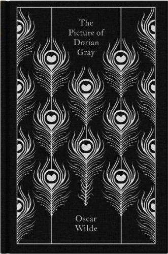 Black book cover with a repeating white peacock feather pattern and silver text.