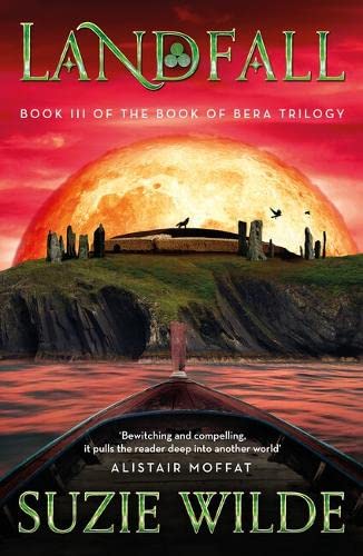 Book cover: "Landfall" with a dramatic landscape, Viking ship, and large moon.
