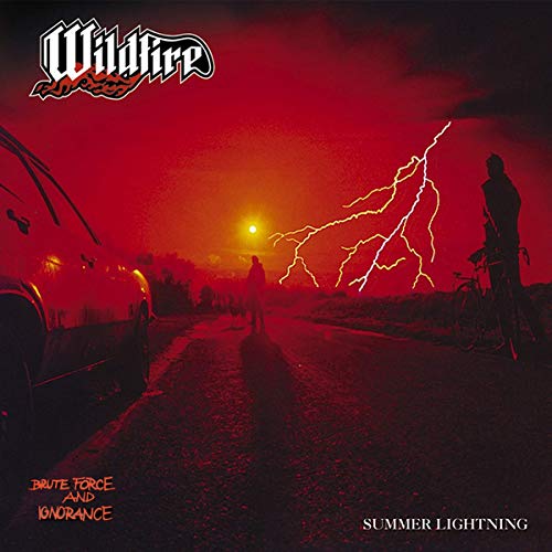 Red album cover with car, figure, lightning, and "Wildfire" logo.