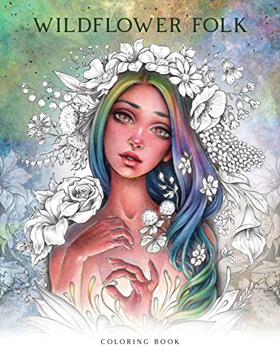 A woman with rainbow hair surrounded by black and white line art wildflowers.