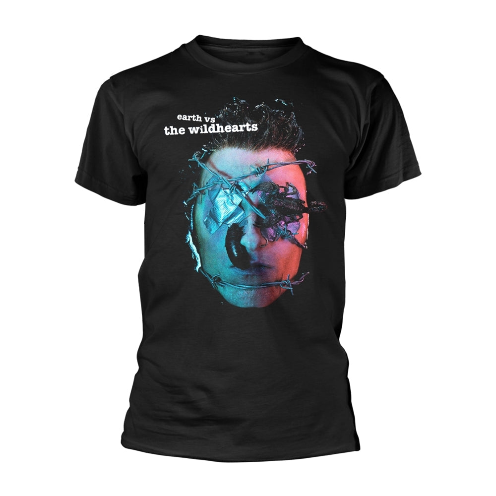 Black t-shirt with album art featuring a face and barbed wire.