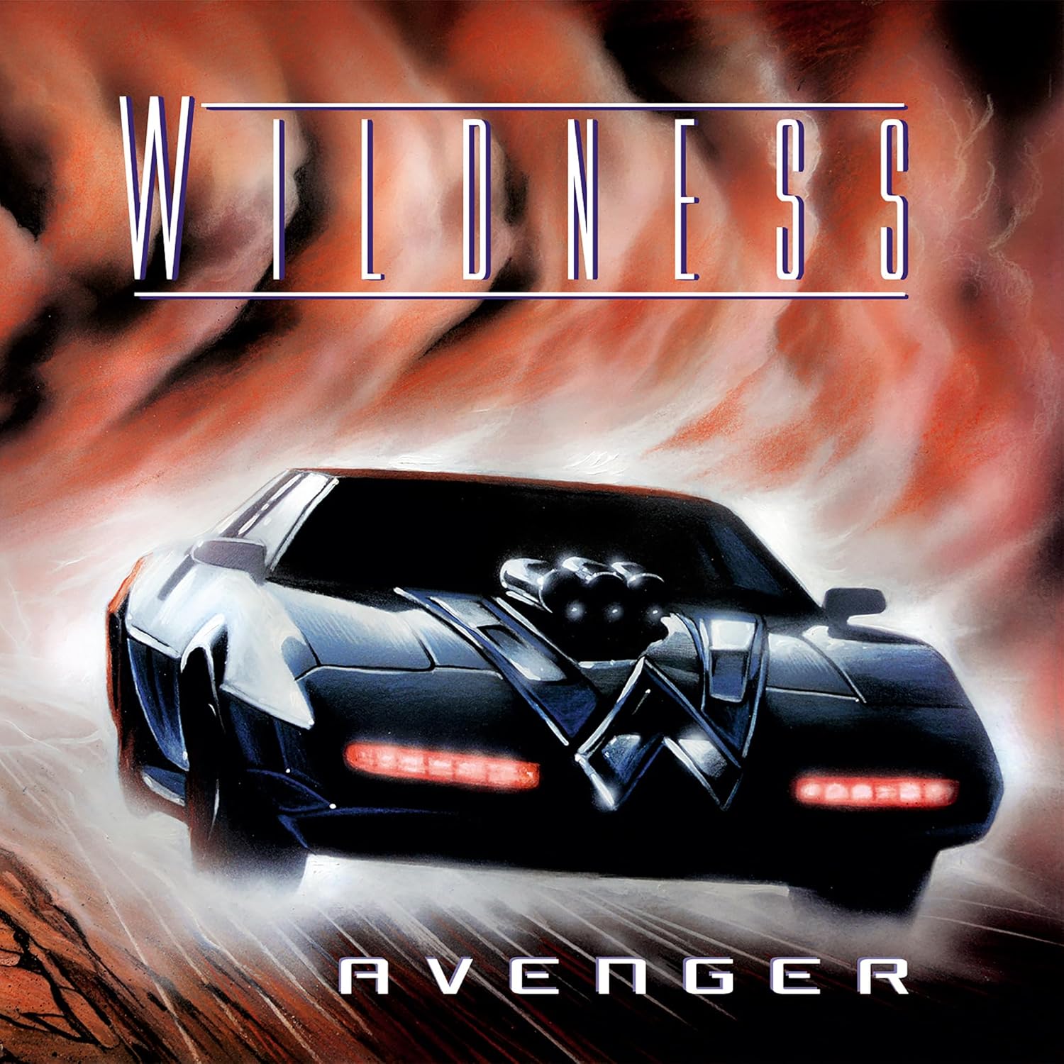 Dark sports car with red taillights against a fiery, smoky background.