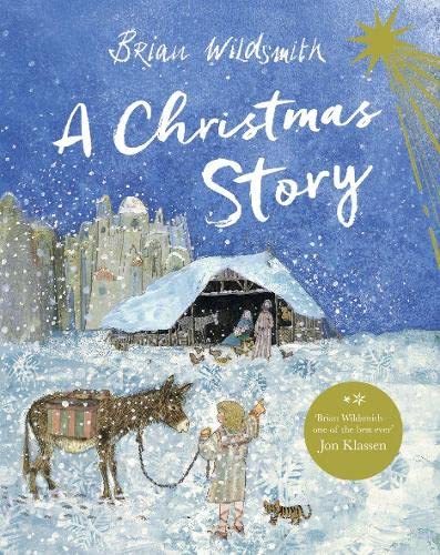 Book cover showing a child and donkey in snow before a stable, under stars.