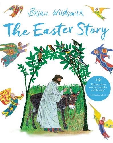 Book cover showing a man with a donkey under trees surrounded by flying angels.