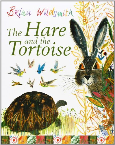 Book cover: hare, tortoise, and birds in colorful, painted illustration.