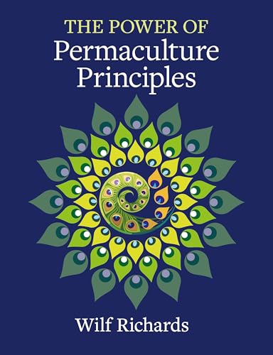 Book cover titled The Power of Permaculture Principles with a spiral peacock feather design.