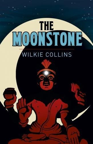 Book cover for "The Moonstone" featuring a red figure and crescent moon.