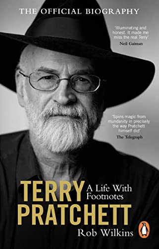 Black and white portrait of author Terry Pratchett with book title overlay.