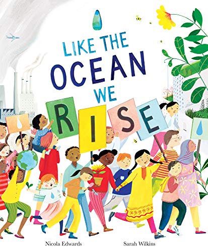 Colorful illustration of diverse people marching with signs and plants.