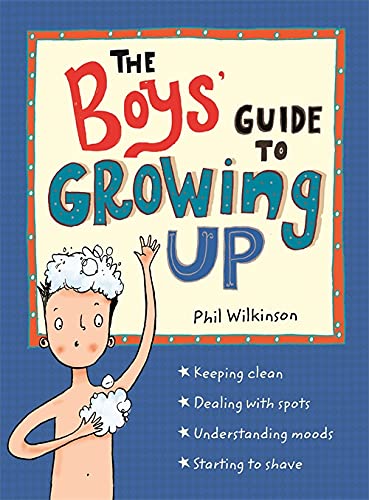 Book cover: "The Boys' Guide to Growing Up" with cartoon boy washing.