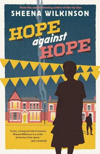 Book cover: silhouette of a woman, houses, and yellow bunting flags.