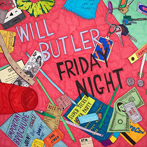 Album cover for Will Butler’s “Friday Night” with collage-style artwork.