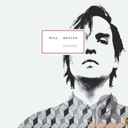 Black and white album cover for Will Butler’s “Policy” with a portrait.