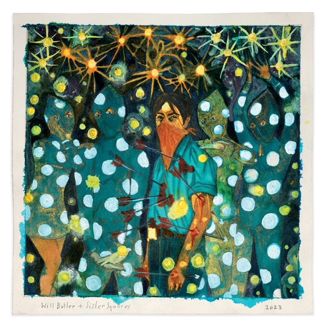Painted album cover with a person surrounded by abstract, starry figures.