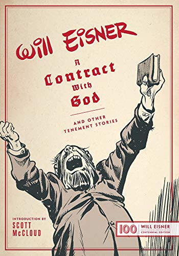 Book cover: a man with raised arms and a book, stark illustration.