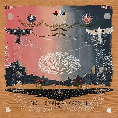 Folk art painting with a central tree, two birds, flowers, and mountains on wood.