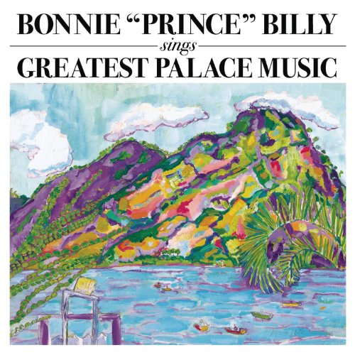 Album cover for “Greatest Palace Music” with painted mountains and water.