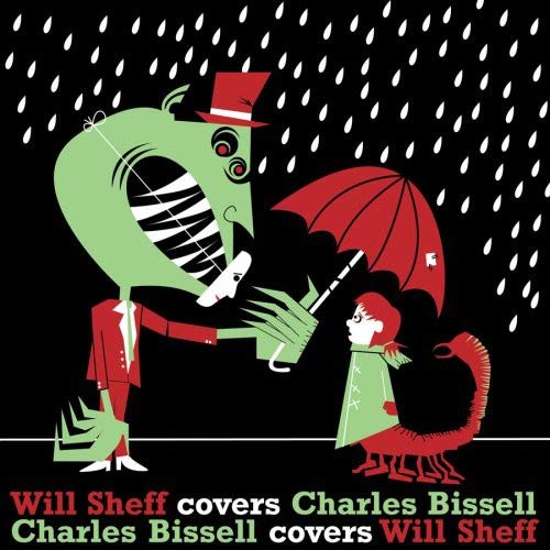 Stylized illustration of a tall green creature and small red lizard in the rain.