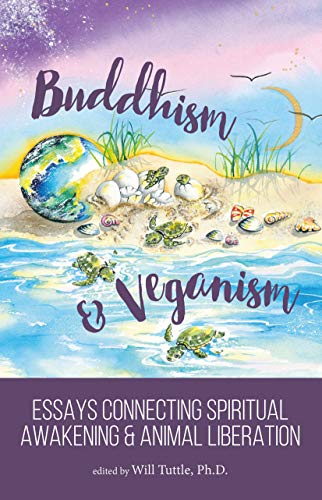 Book cover: "Buddhism & Veganism" with turtles, earth, and watercolor art.