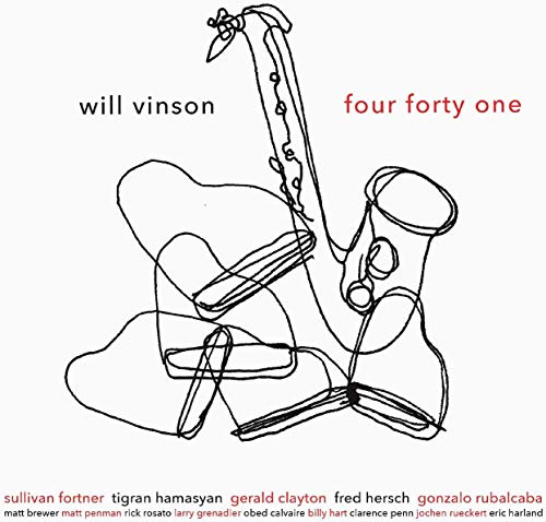 "Album cover with saxophone drawing and artist names on a white background."
