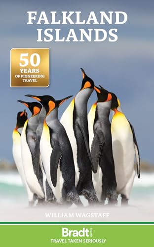 Book cover featuring king penguins on a sandy beach, "Falkland Islands.