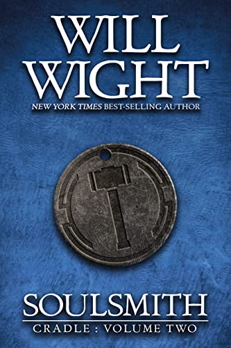 Book cover for "Soulsmith" with a hammer and anvil coin design.