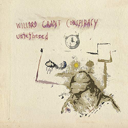 "Album cover with abstract art, featuring 'Willard Grant Conspiracy - Untethered' in handwritten text."