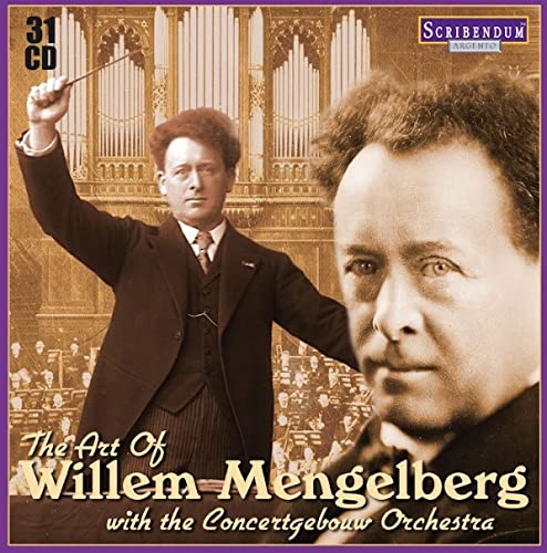 Vintage portrait of conductor Willem Mengelberg with orchestra backdrop.