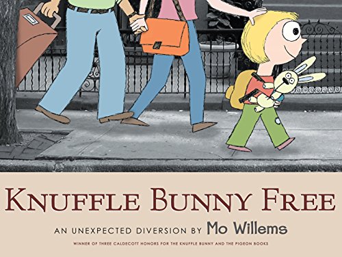 Book cover: girl with stuffed bunny walking with parents in city.