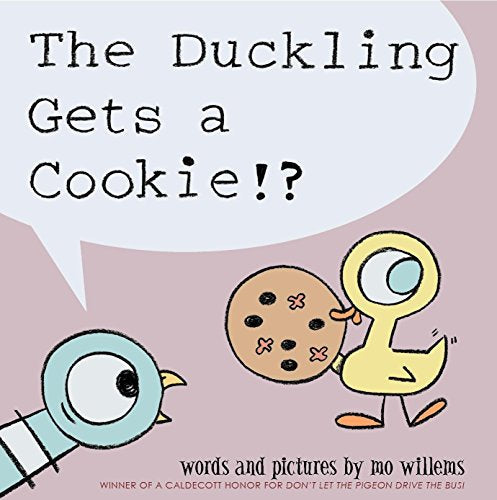 A yellow duckling holds a cookie while a blue pigeon watches on the cover.