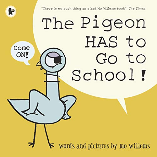 Blue pigeon with a determined expression, book cover with yellow background.
